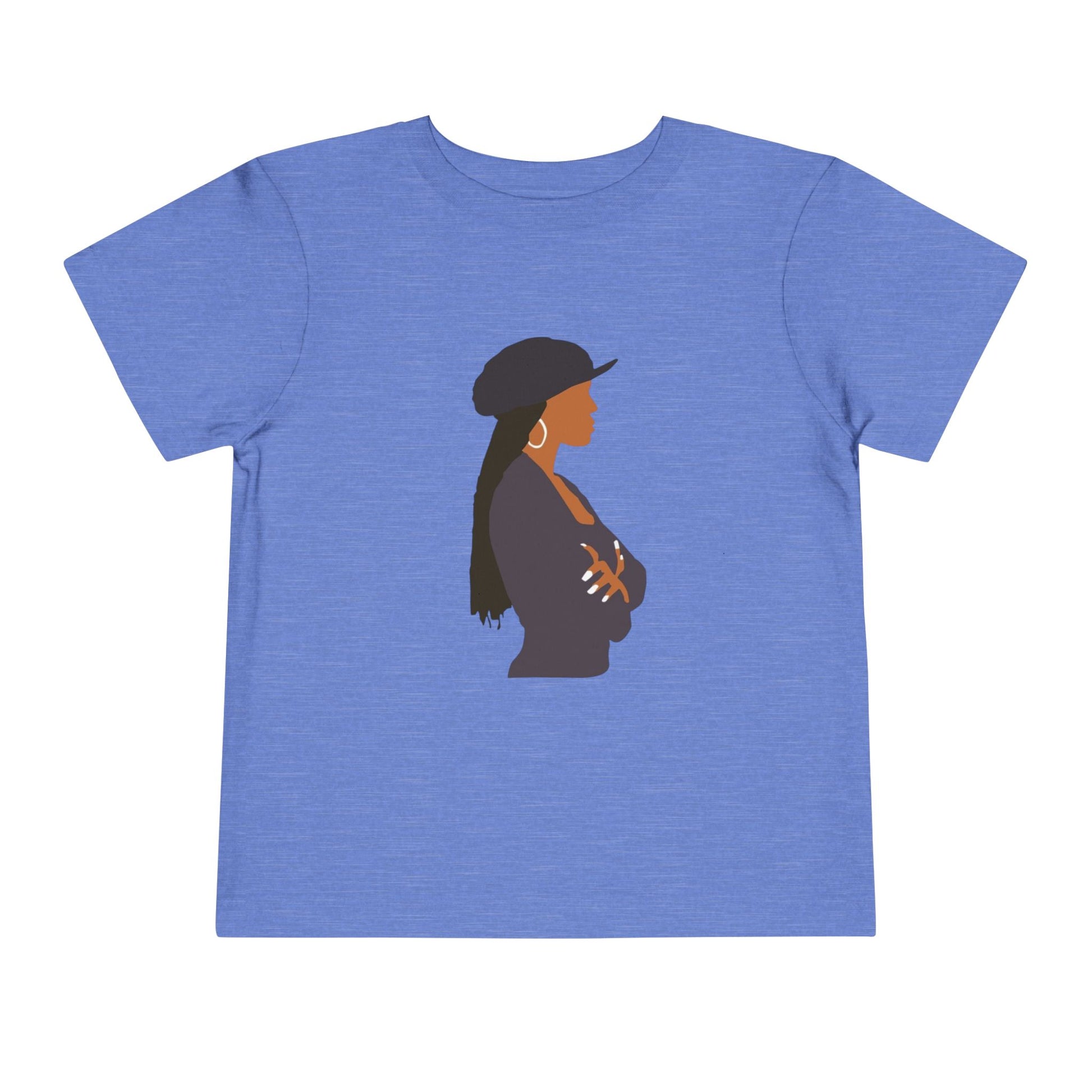 Blue t-shirt with a silhouette of a woman wearing a hat on a white background