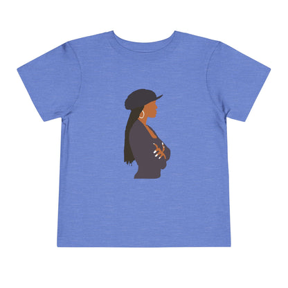 Blue t-shirt with a silhouette of a woman wearing a hat on a white background
