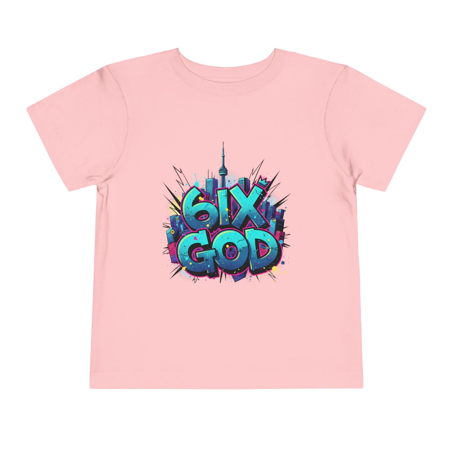 Pink t-shirt with '6ix God' graphic design on a white background