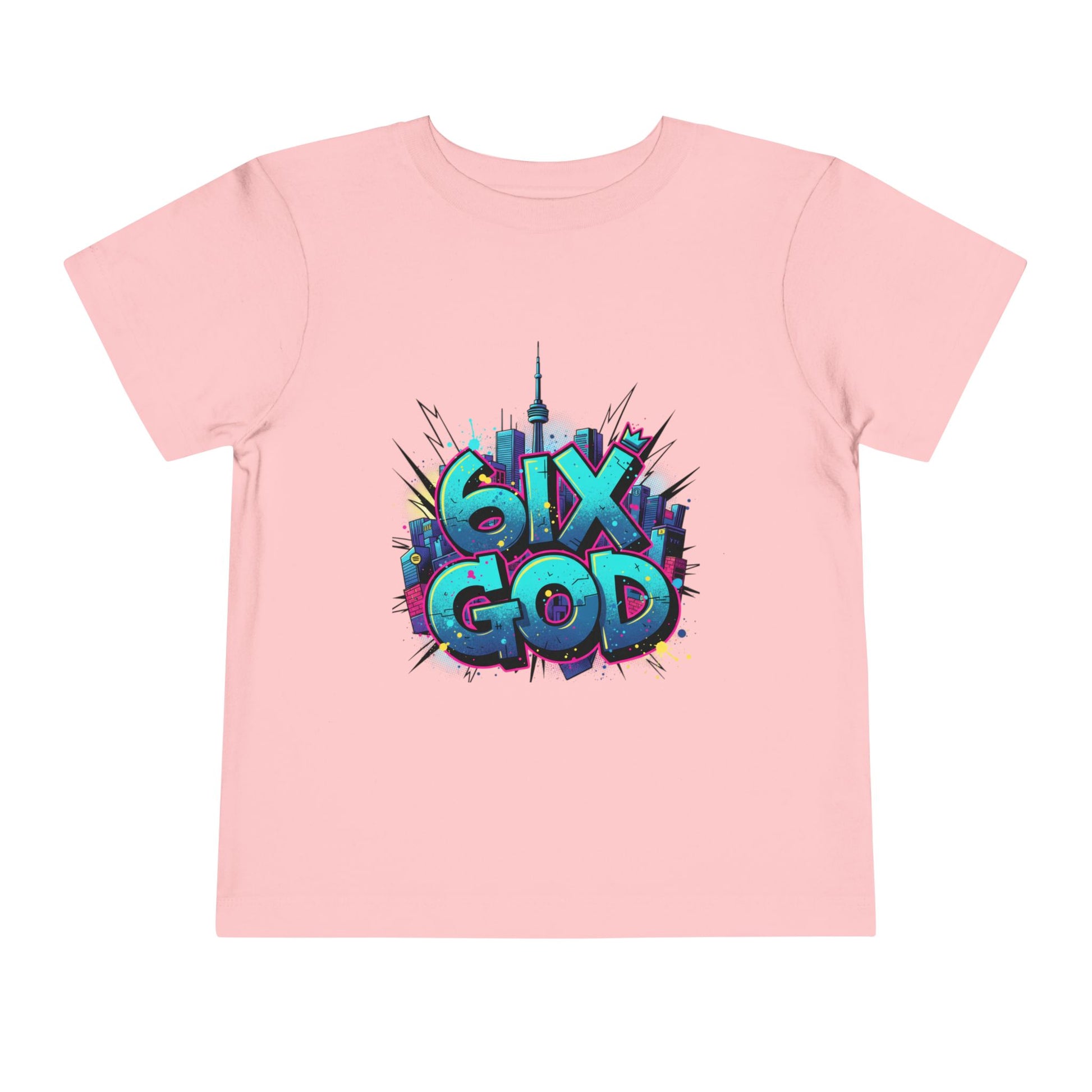 Pink t-shirt with '6ix God' graphic design on a white background