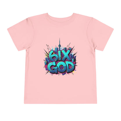 Pink t-shirt with '6ix God' graphic design on a white background