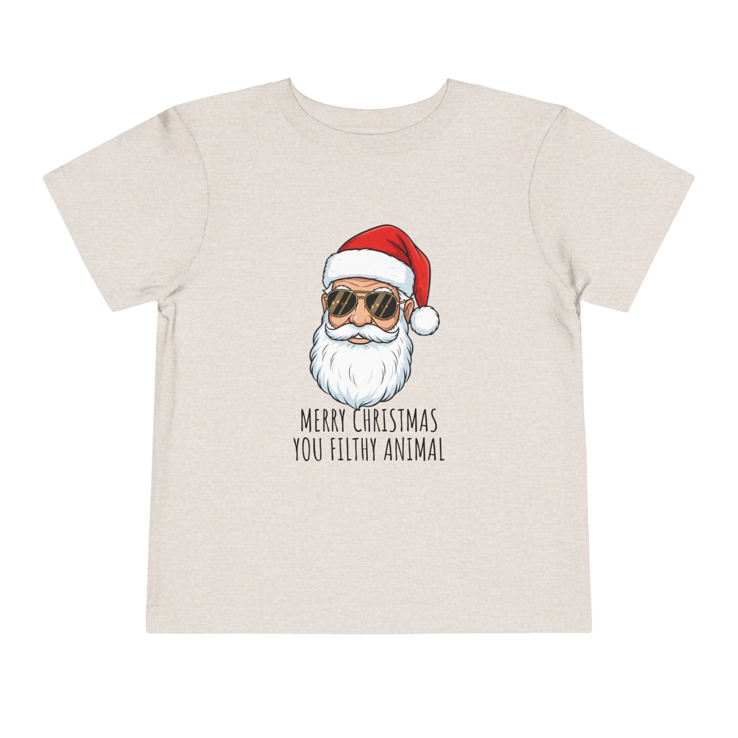 Beige t-shirt with a graphic of Santa Claus wearing sunglasses and a red hat, with text 'Merry Christmas you filthy animal' on a white background.