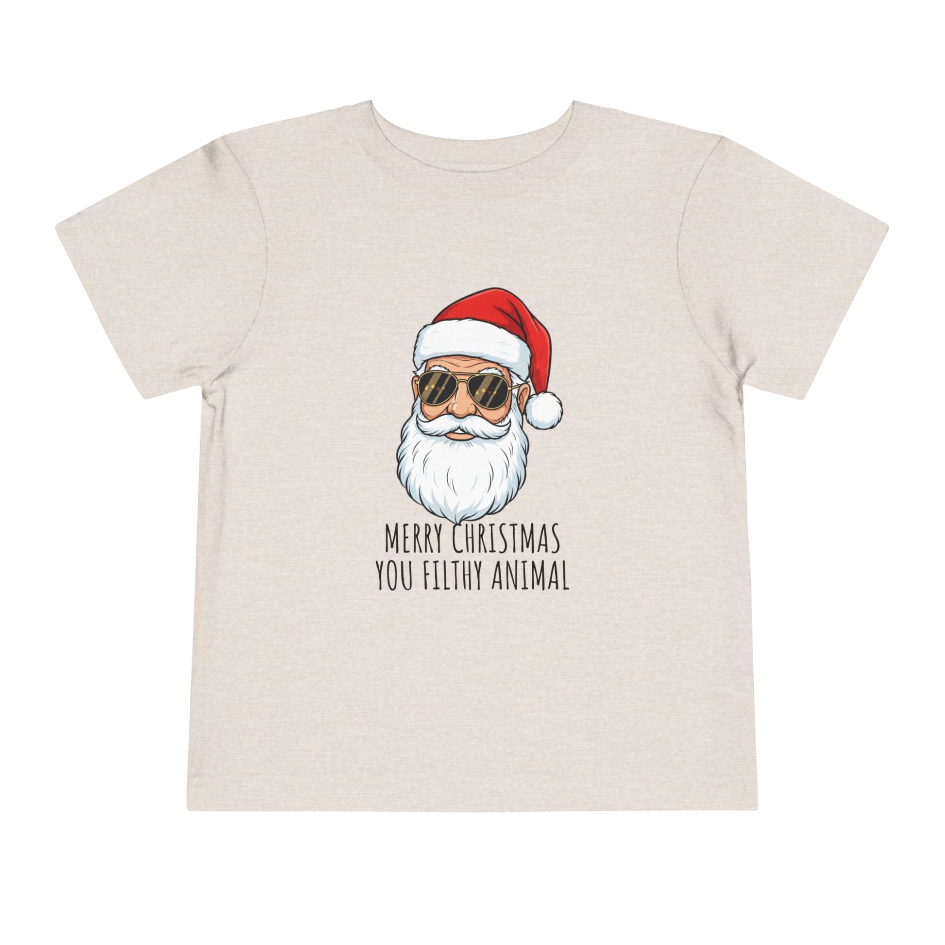 Beige t-shirt with a graphic of Santa Claus wearing sunglasses and a red hat, with text 'Merry Christmas you filthy animal' on a white background.