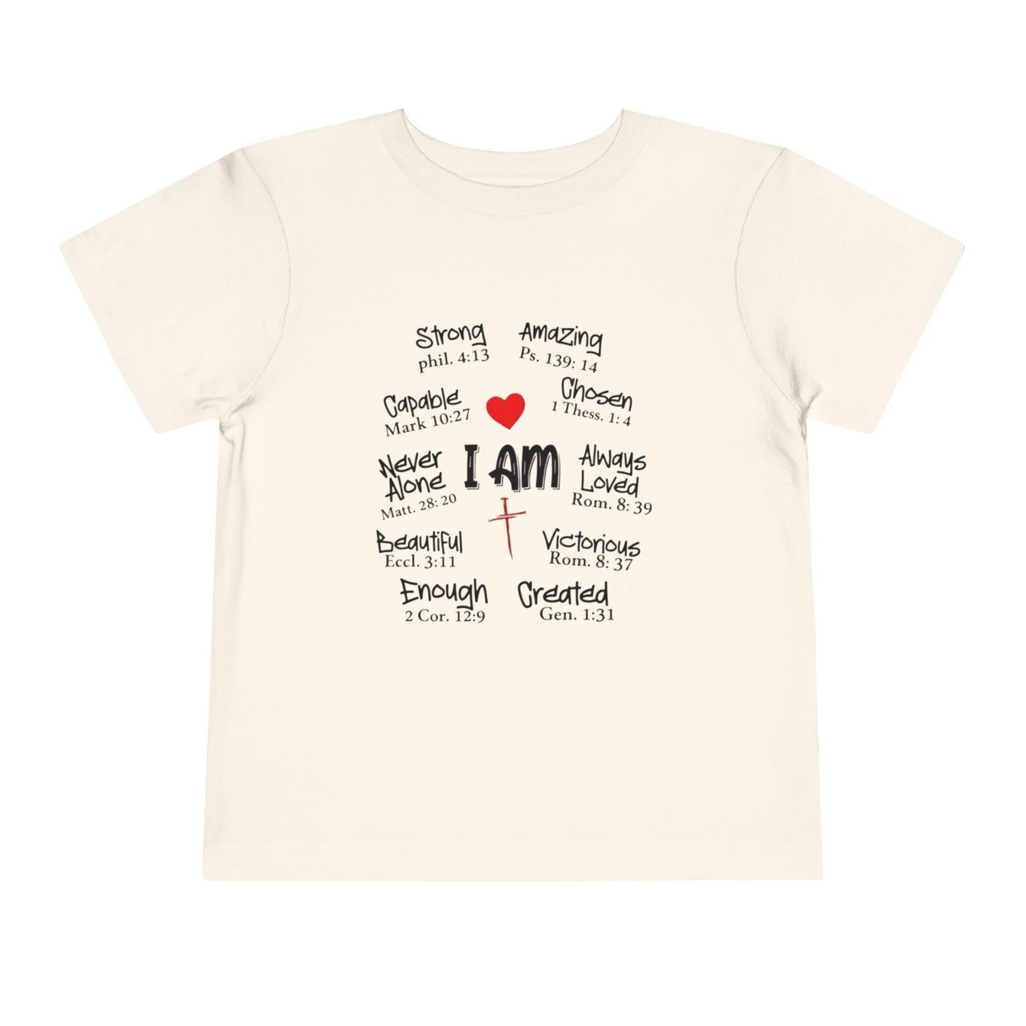 Beige t-shirt with motivational text and a heart design on a white background