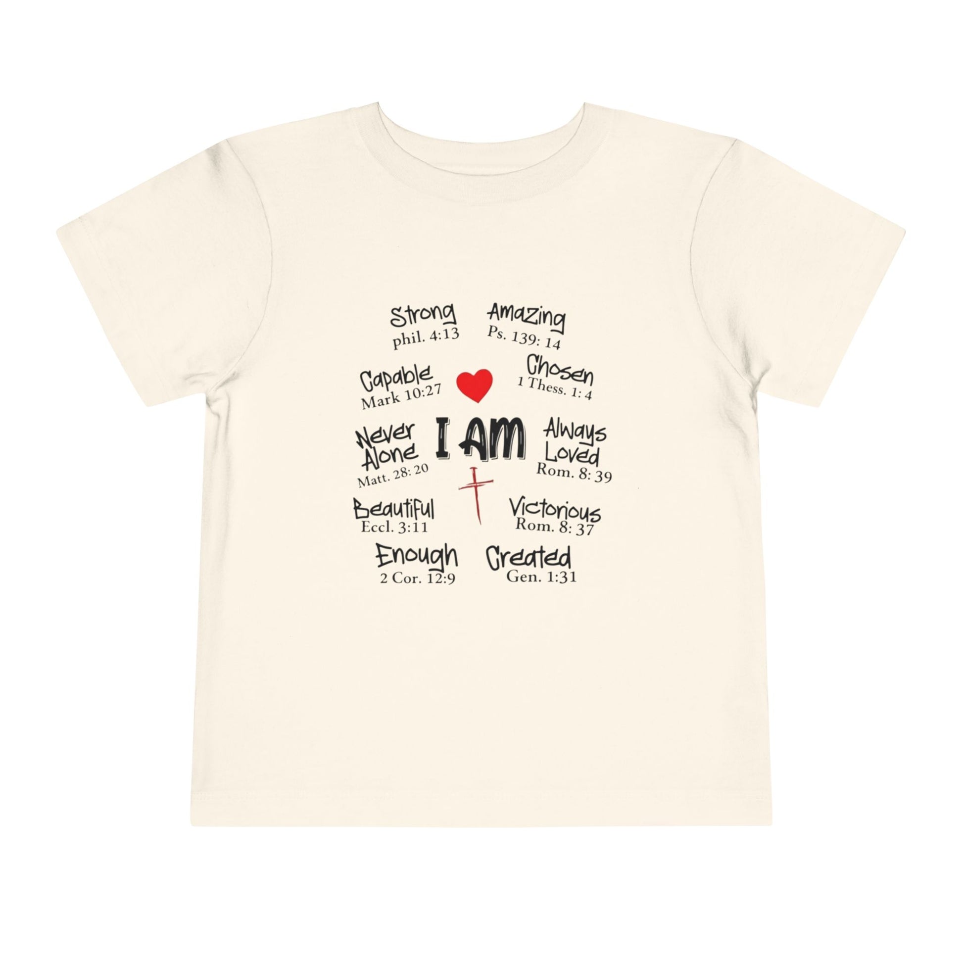 Beige t-shirt with motivational text and a heart design on a white background