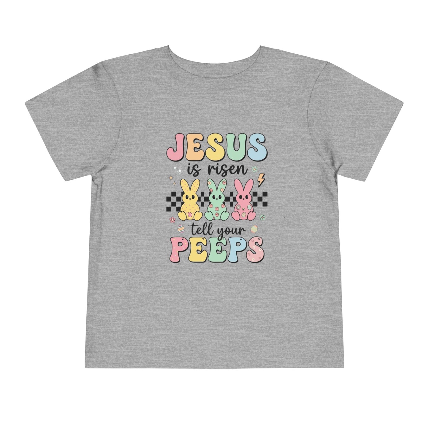 Gray t-shirt with Easter-themed text and graphics on a white background