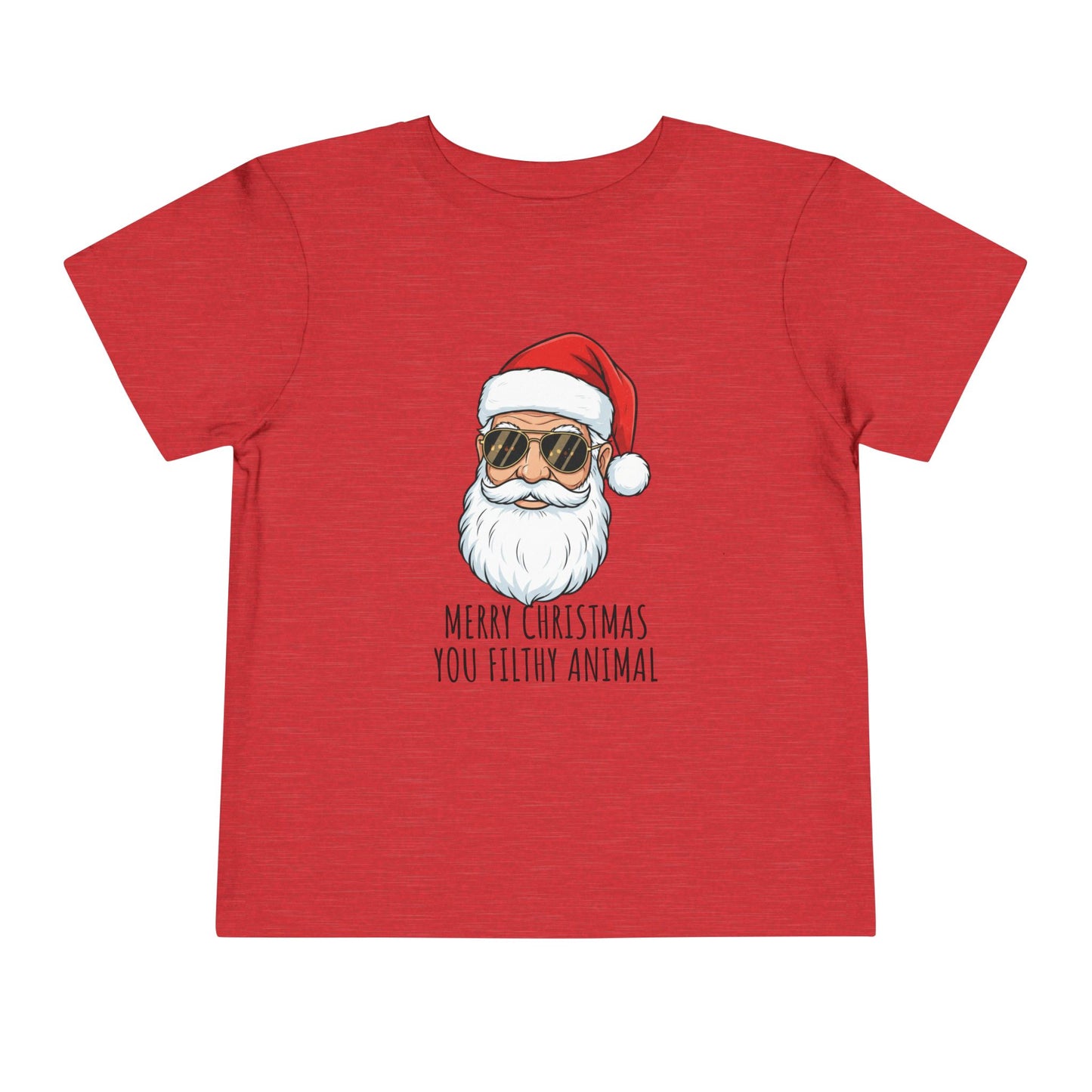 Red t-shirt with Santa Claus graphic and text on a white background