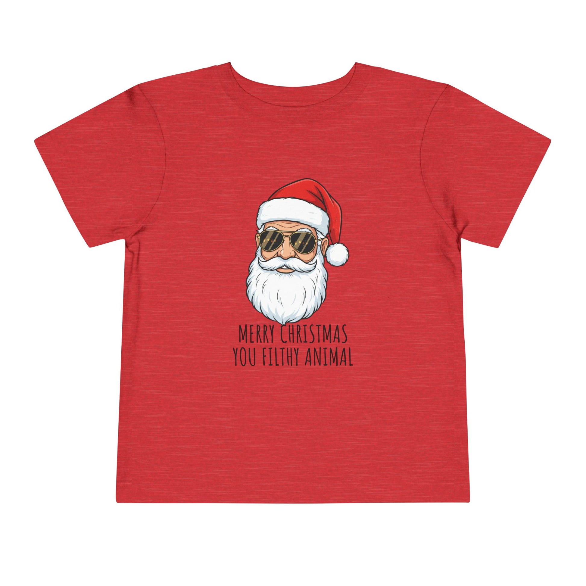 Red t-shirt with Santa Claus graphic and text on a white background