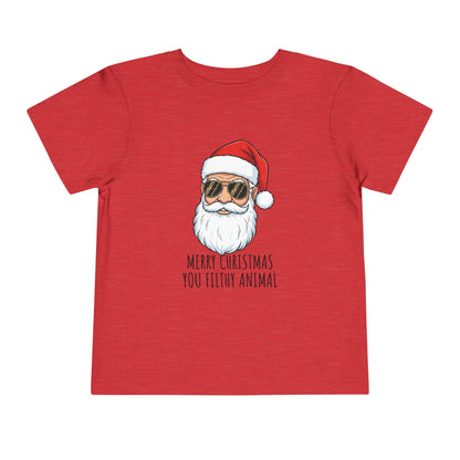 Red t-shirt with Santa Claus graphic and text on a white background