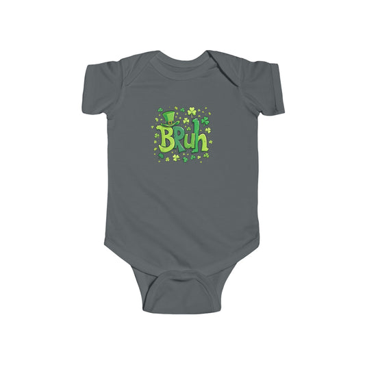 Gray baby onesie with green and yellow 'Bruh' text and shamrock design on a white background