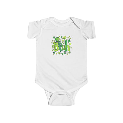 White baby onesie with green and yellow text and graphics on a white background