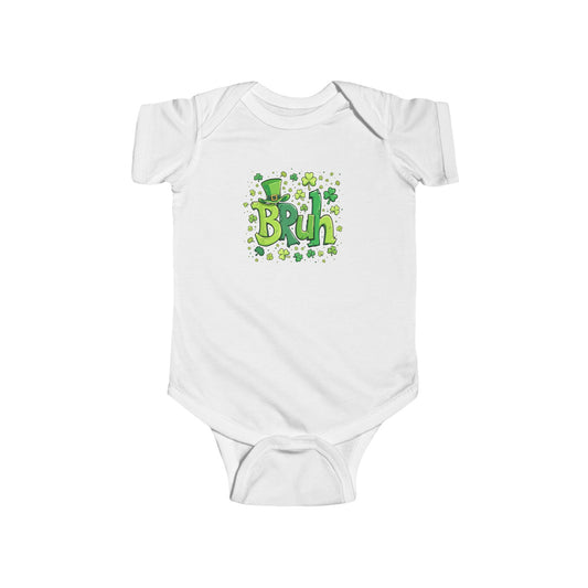 Gray baby onesie with green and yellow 'Bruh' text and shamrock design on a white background