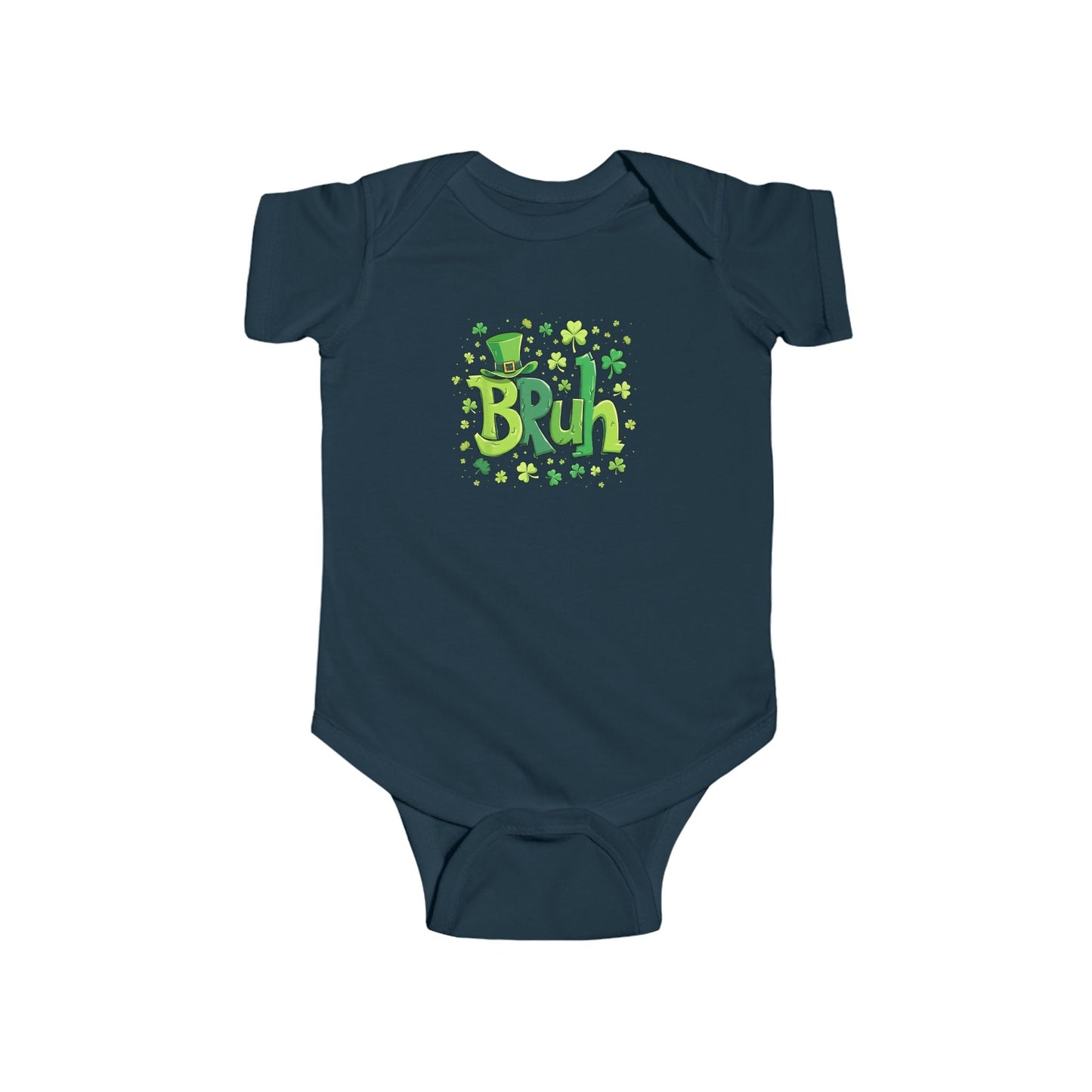 Navy blue baby onesie with 'Bruh' and shamrock design on a white background