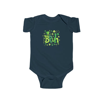 Navy blue baby onesie with 'Bruh' and shamrock design on a white background