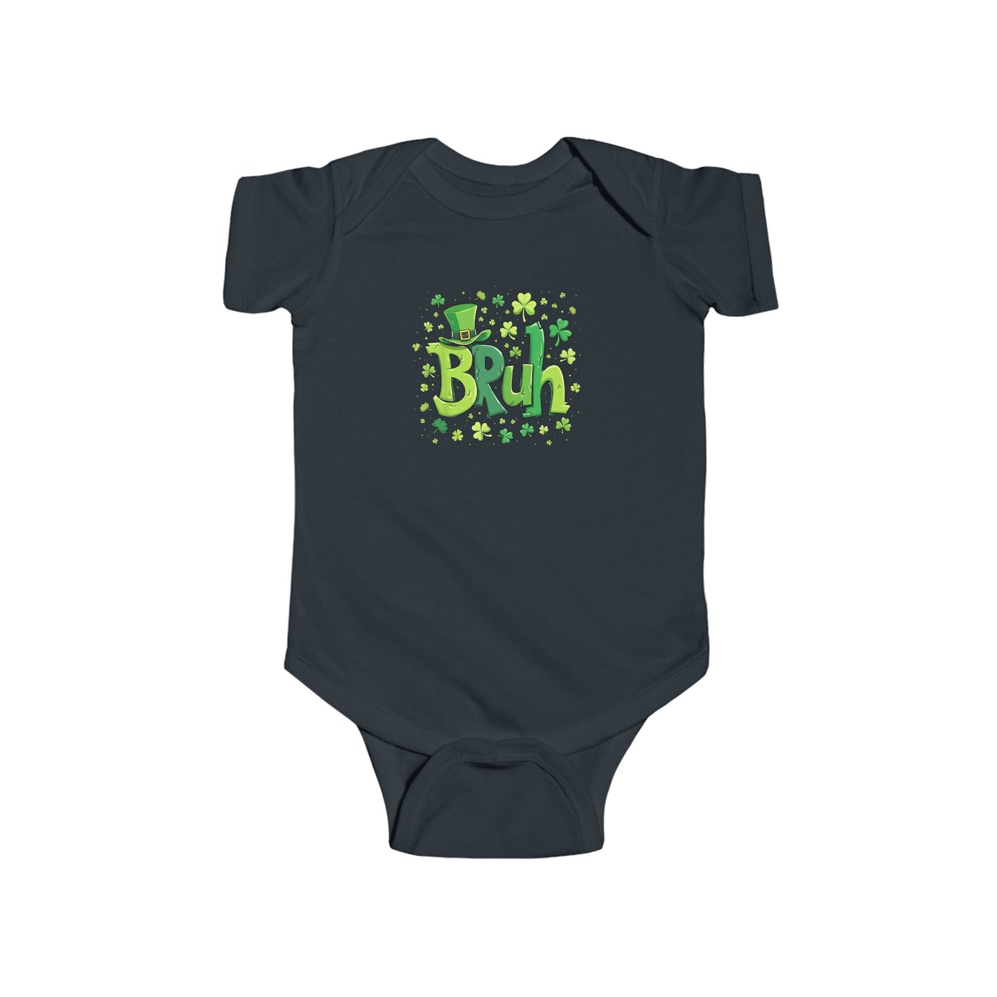 Navy blue baby onesie with 'Bruh' and shamrock design on a white background