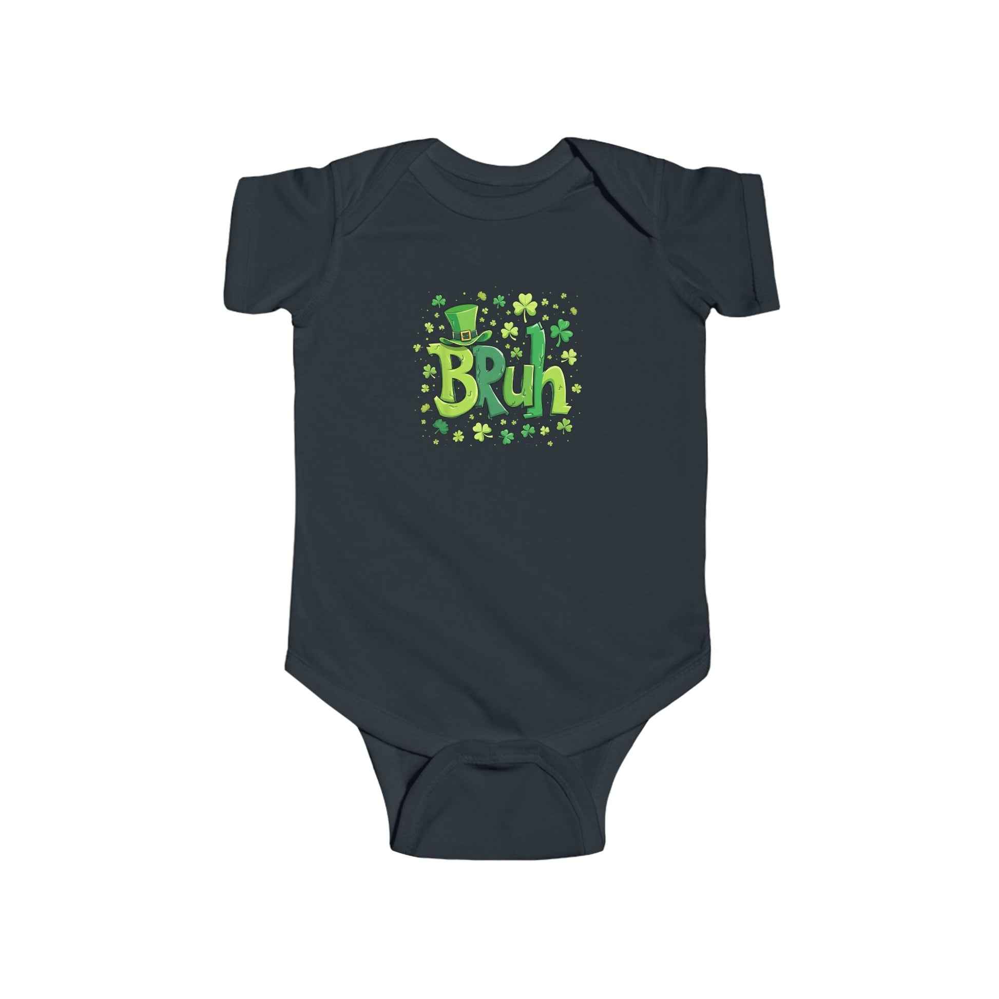 Navy blue baby onesie with 'Bruh' and shamrock design on a white background