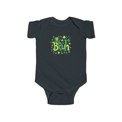 Navy blue baby onesie with 'Bruh' and shamrock design on a white background