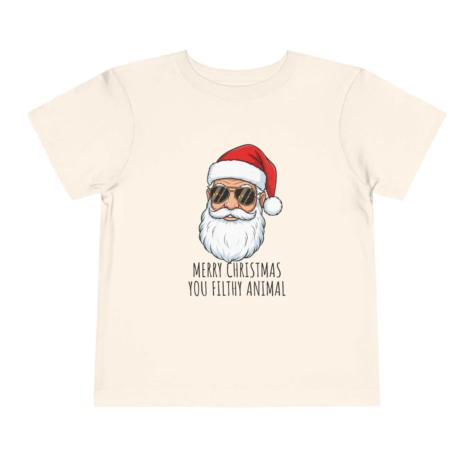 Beige t-shirt with a graphic of Santa Claus wearing sunglasses and a red hat, with text 'Merry Christmas you filthy animal' on a white background.