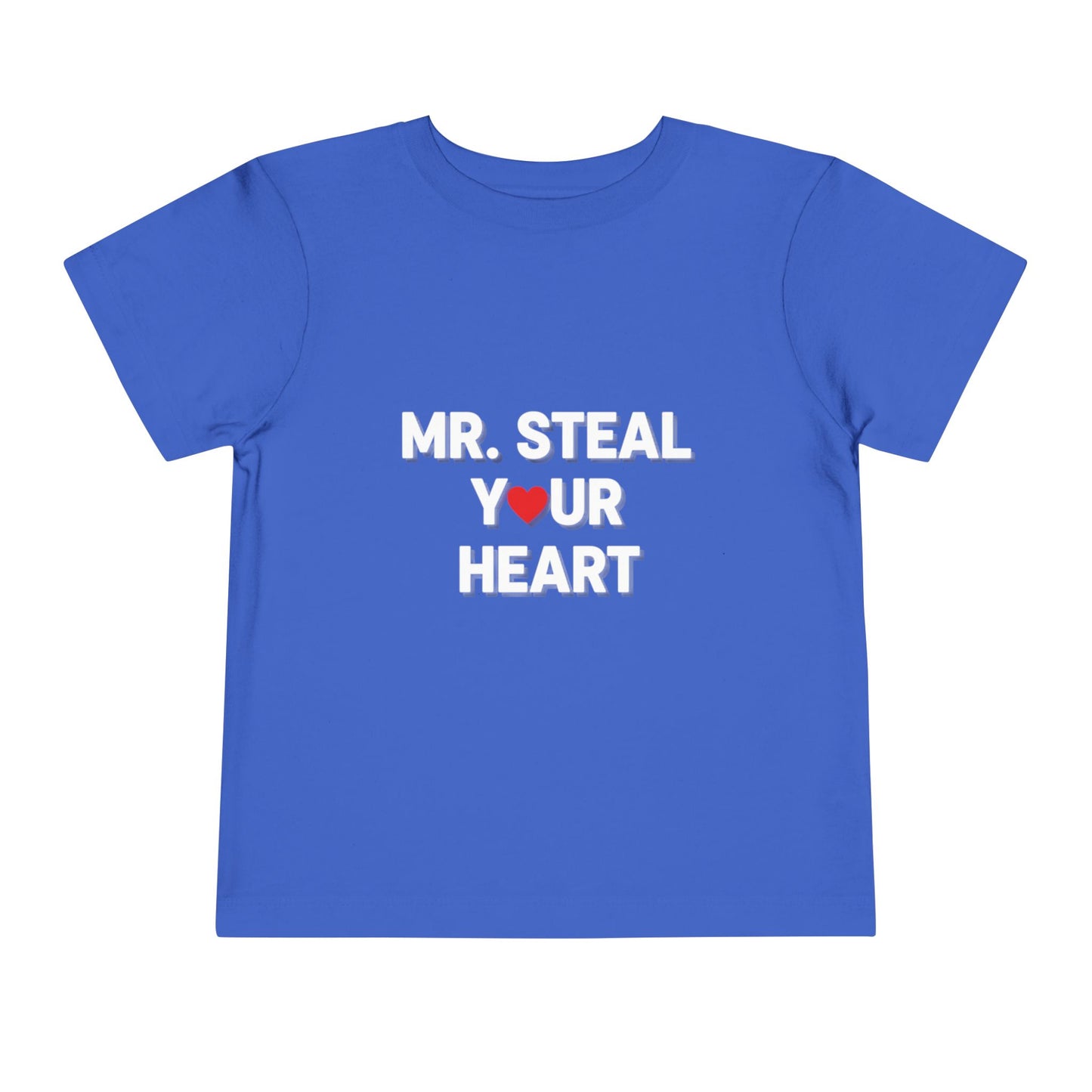 Blue t-shirt with white text 'MR. STEAL YOUR HEART' on a white background
