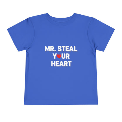 Blue t-shirt with white text 'MR. STEAL YOUR HEART' on a white background
