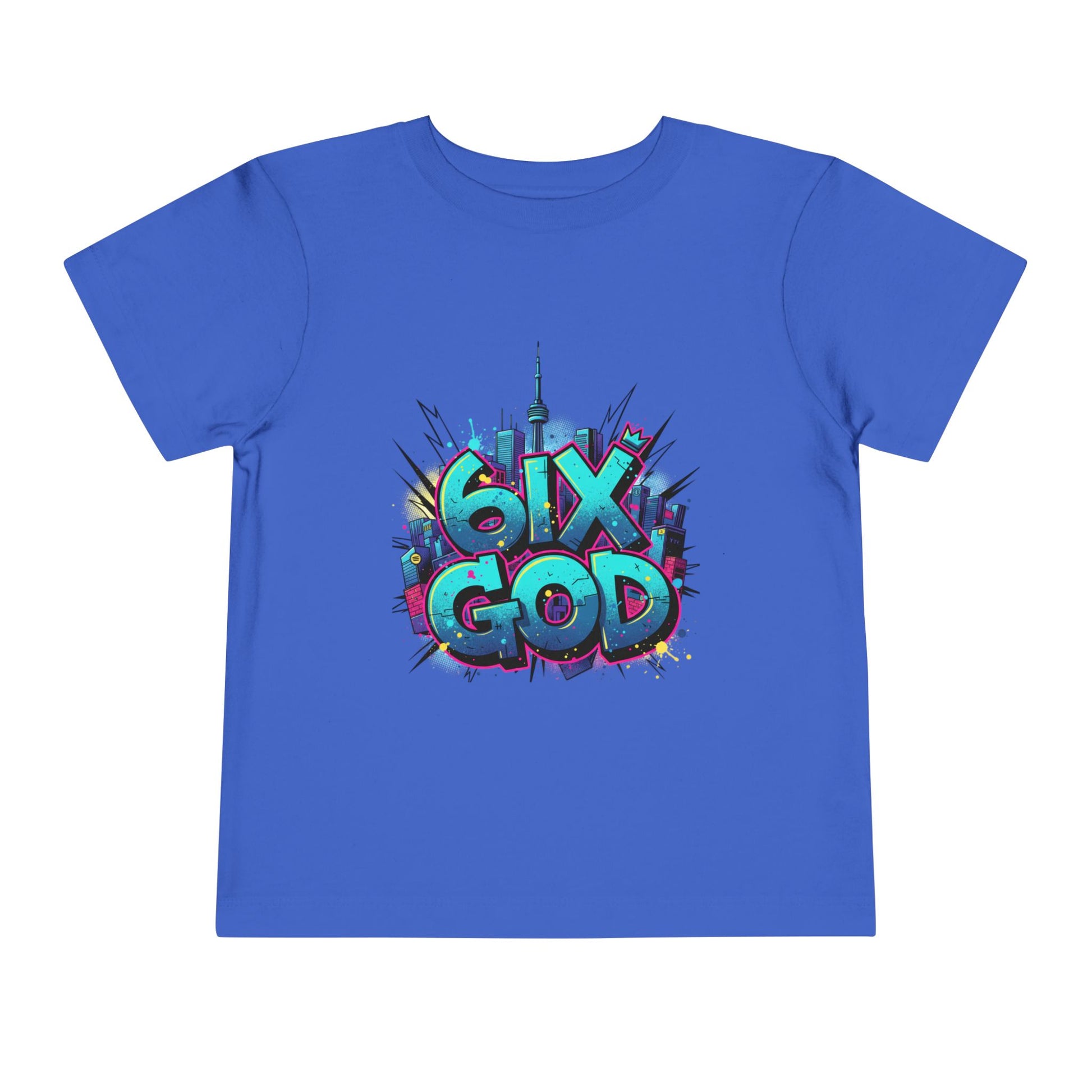 Blue t-shirt with '6ix God' graphic design on a white background