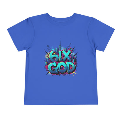 Blue t-shirt with '6ix God' graphic design on a white background