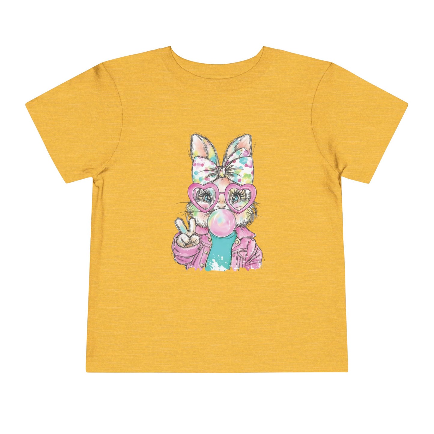 Yellow t-shirt with a cartoon character wearing glasses and a bow on a white background