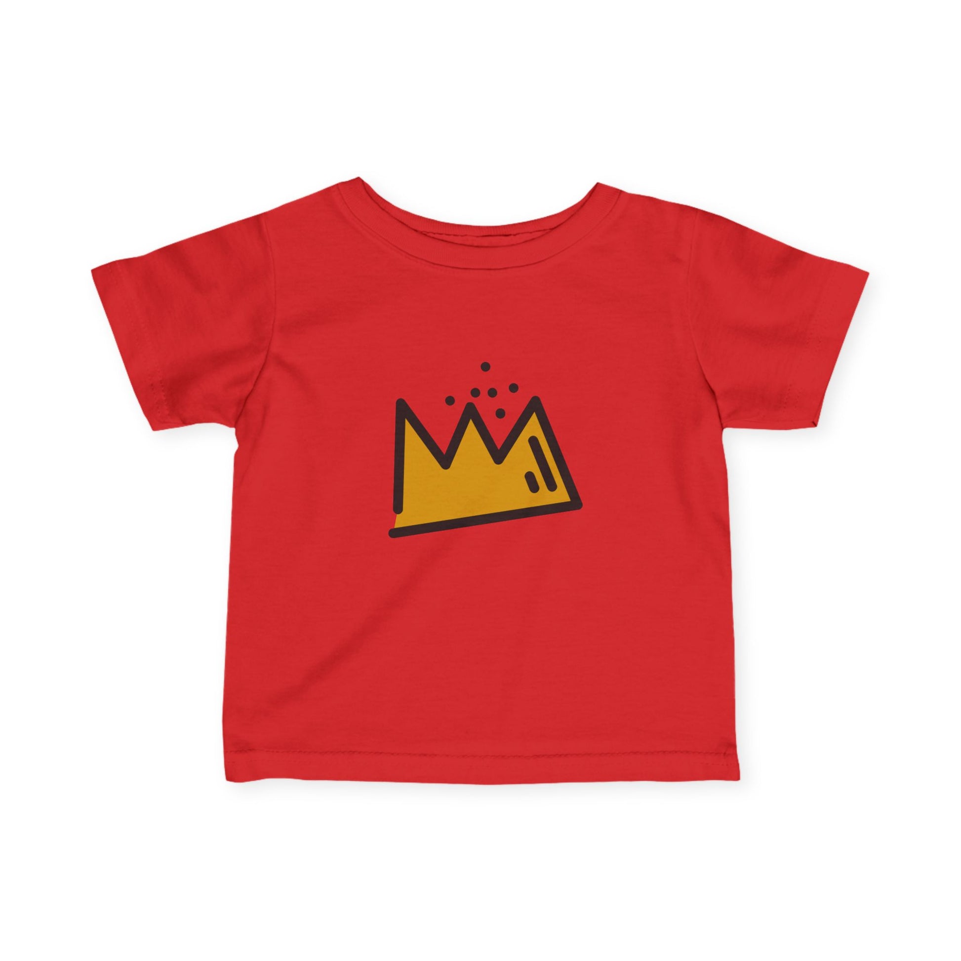 Red t-shirt with a yellow and black Basquiat crown design on a white background