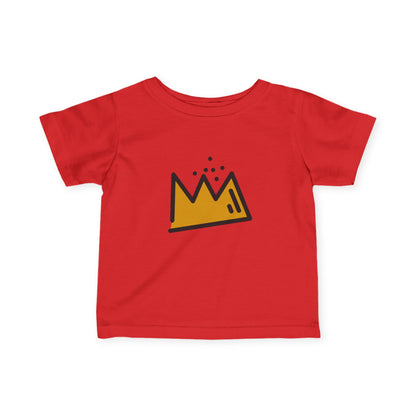 Red t-shirt with a yellow and black Basquiat crown design on a white background