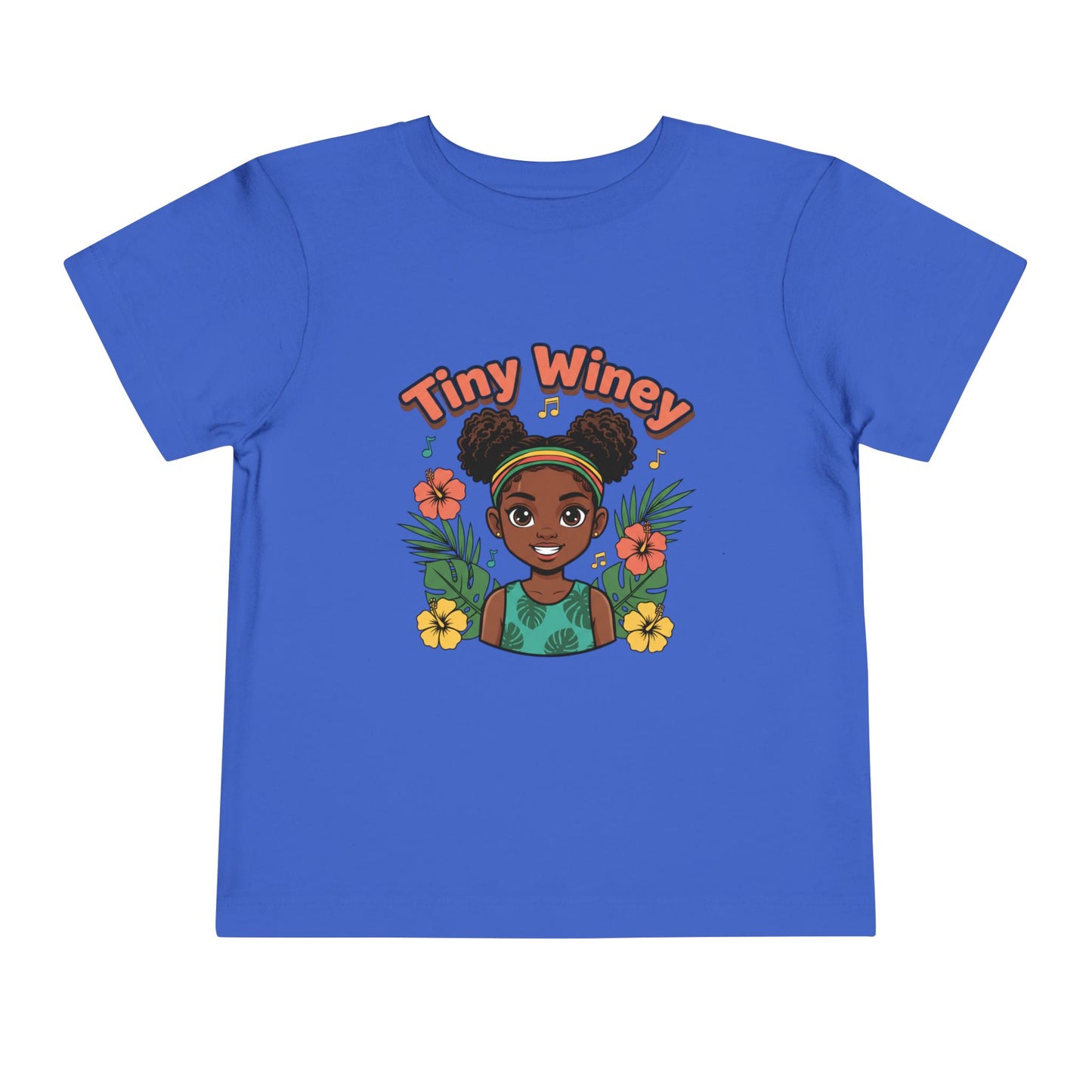 Blue t-shirt with 'Tiny Winey' graphic design featuring a girl with flowers on a white background