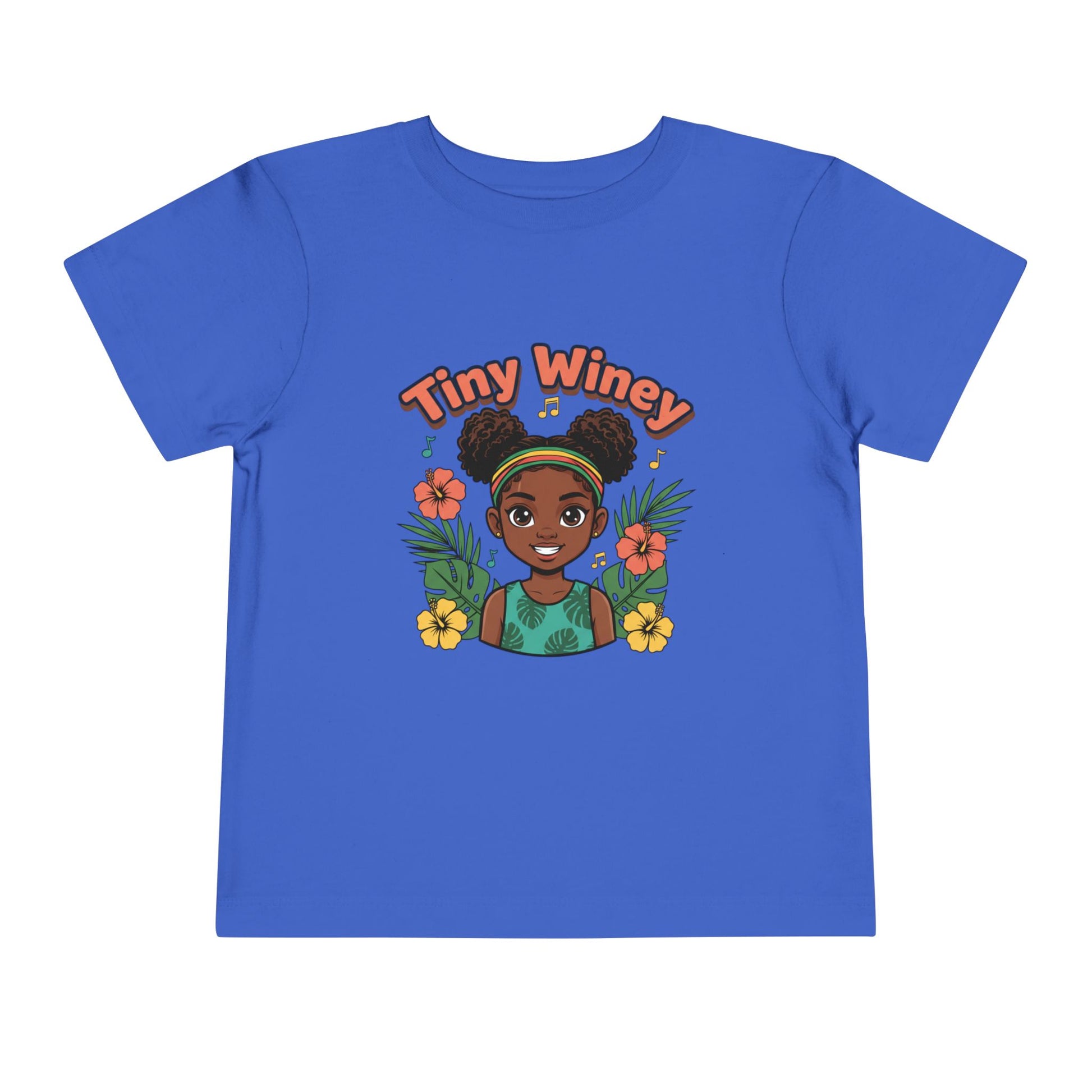 Blue t-shirt with 'Tiny Winey' graphic design featuring a girl with flowers on a white background