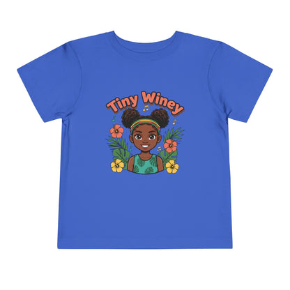 Blue t-shirt with 'Tiny Winey' graphic design featuring a girl with flowers on a white background