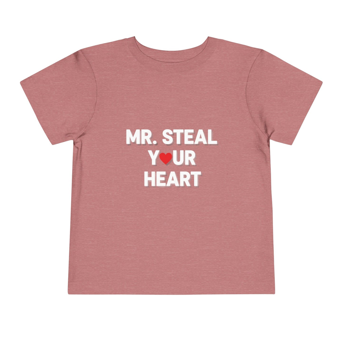 Pink t-shirt with 'MR. STEAL YOUR HEART' text and red heart on a white background
