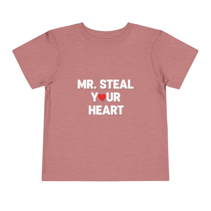 Pink t-shirt with 'MR. STEAL YOUR HEART' text and red heart on a white background