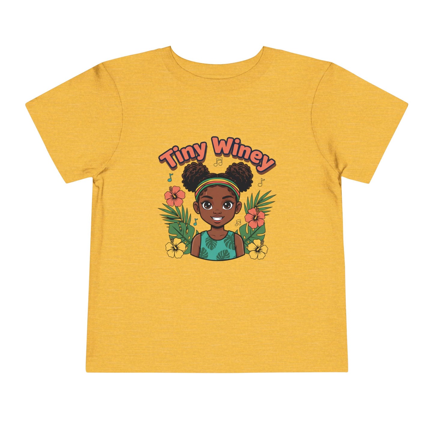 Yellow t-shirt with a graphic of a girl with flowers and 'Tiny Winey' text on a white background
