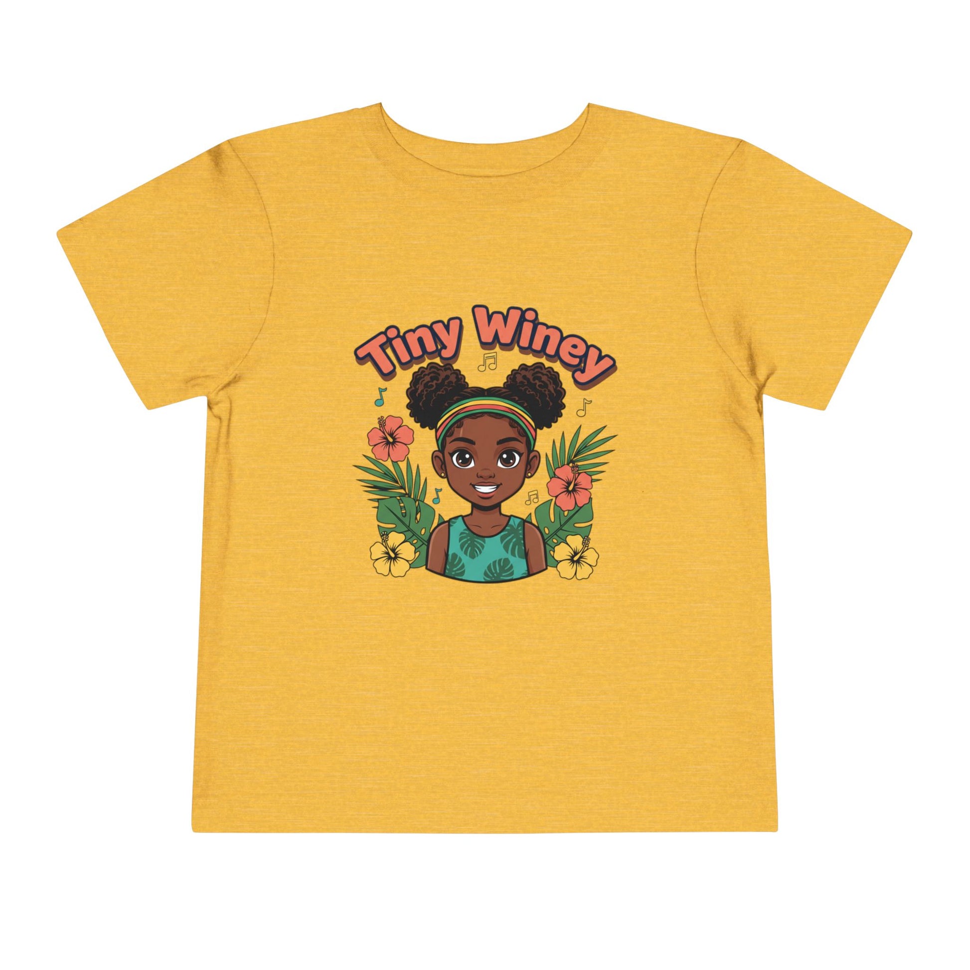 Yellow t-shirt with a graphic of a girl with flowers and 'Tiny Winey' text on a white background