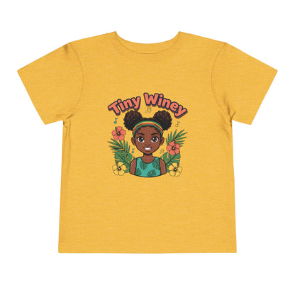 Yellow t-shirt with a graphic of a girl with flowers and 'Tiny Winey' text on a white background