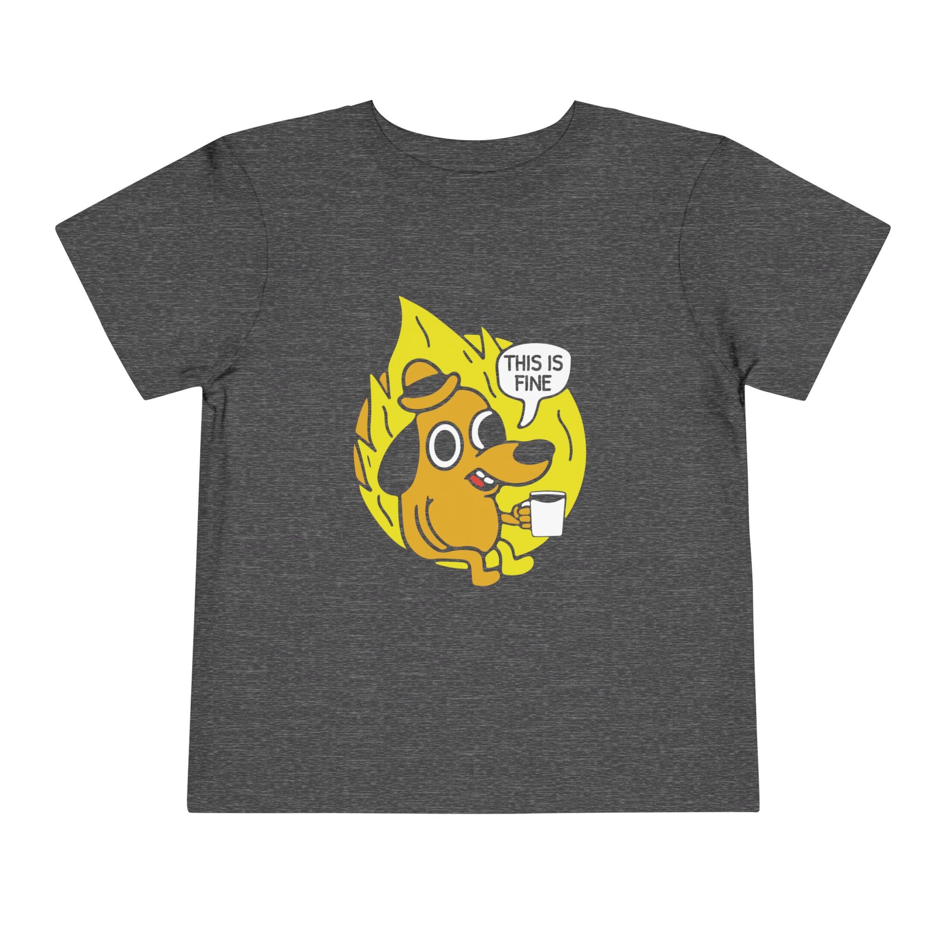 Gray t-shirt with a dog graphic and 'This is fine' text on a white background