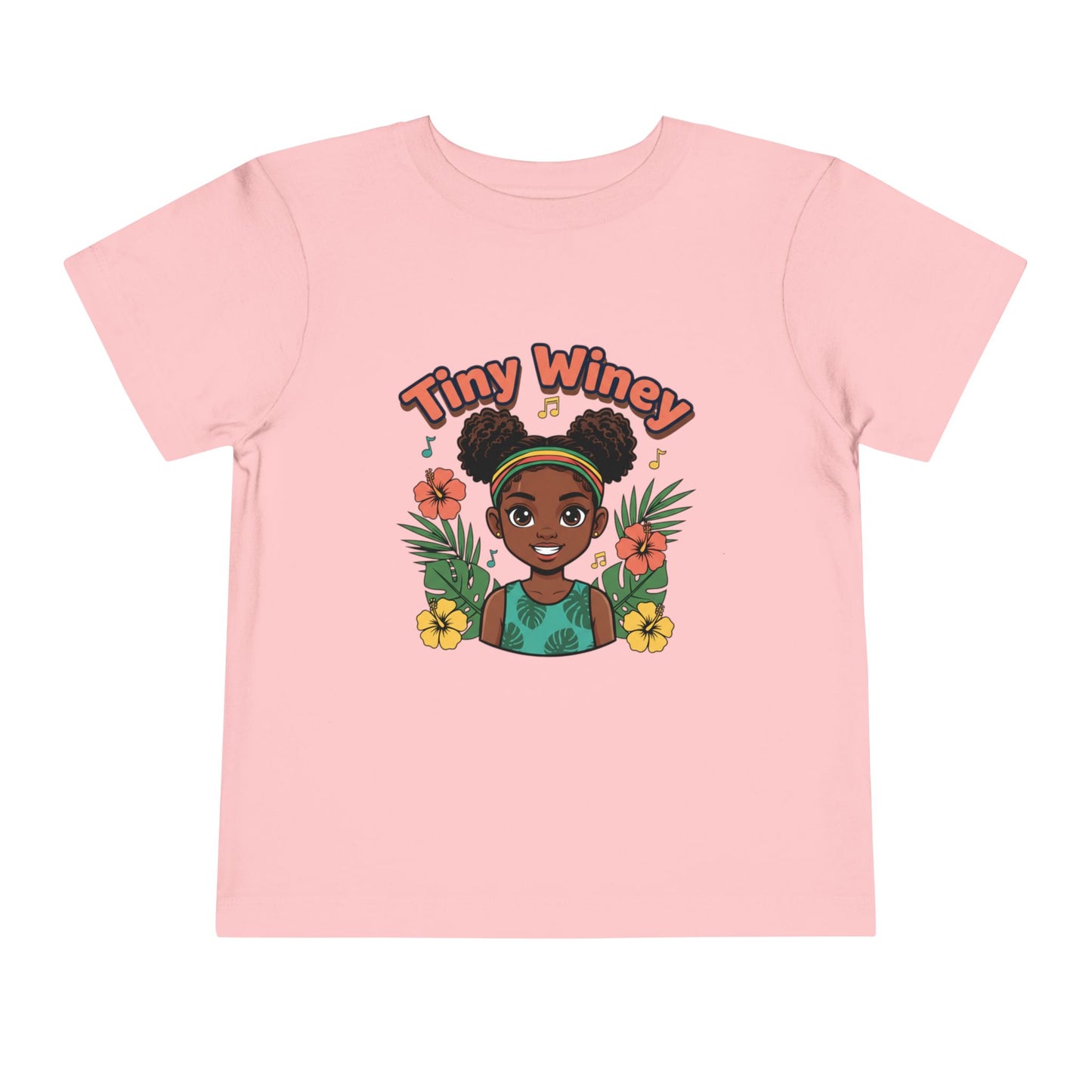 Pink t-shirt with a graphic of a girl with flowers and 'Tiny Winey' text on a white background