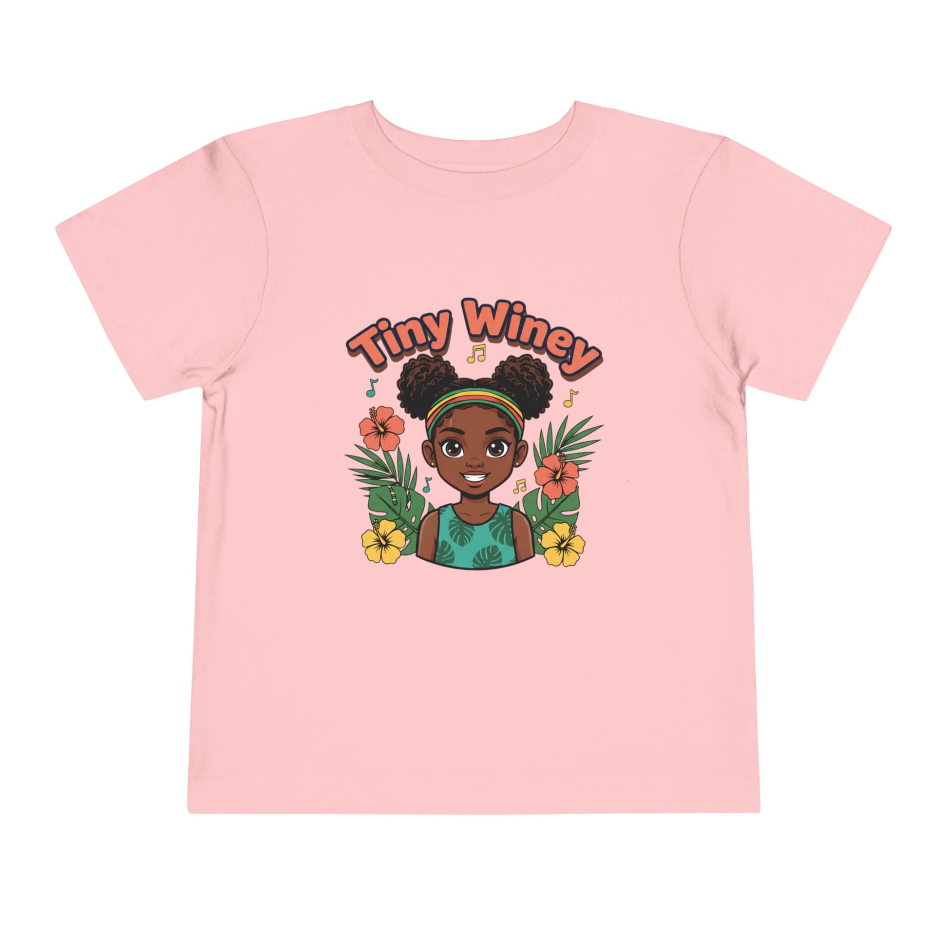 Pink t-shirt with a graphic of a girl with flowers and 'Tiny Winey' text on a white background