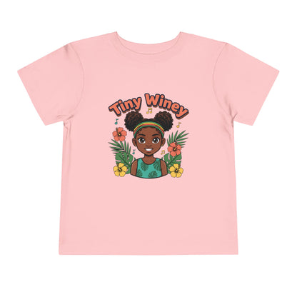 Pink t-shirt with a graphic of a girl with flowers and 'Tiny Winey' text on a white background