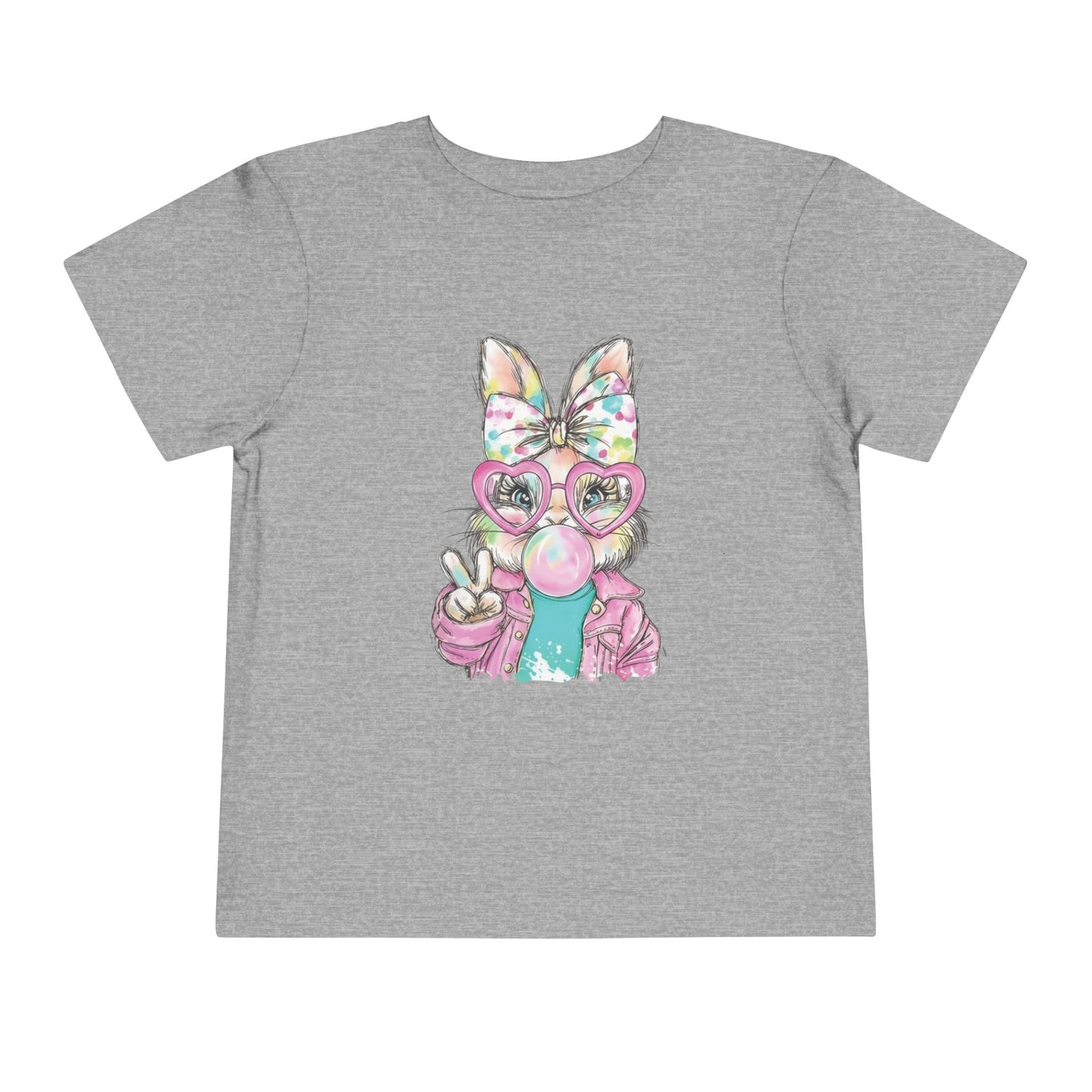 Gray t-shirt with a colorful graphic of a bunny wearing glasses and a bow on a white background