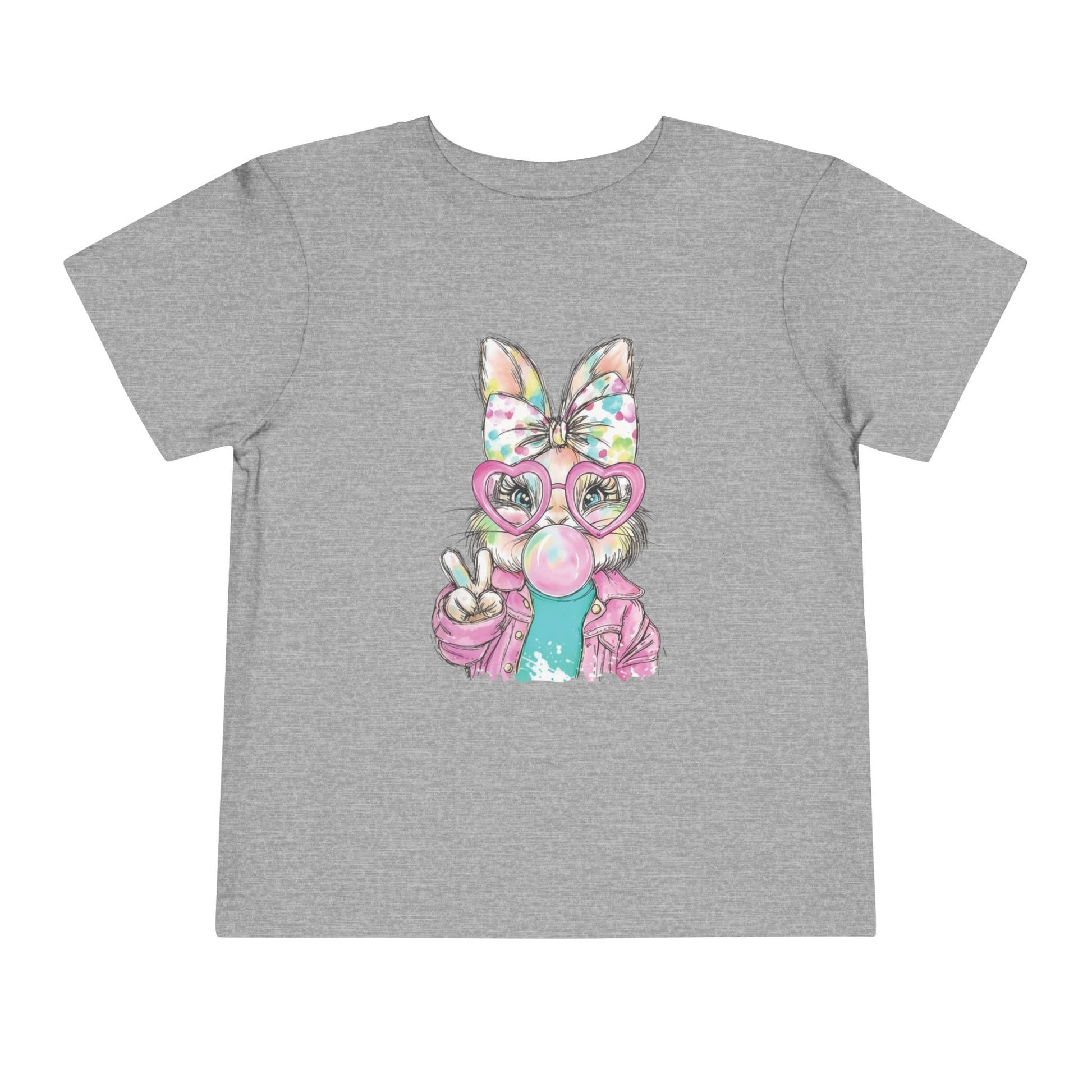 Gray t-shirt with a colorful graphic of a bunny wearing glasses and a bow on a white background