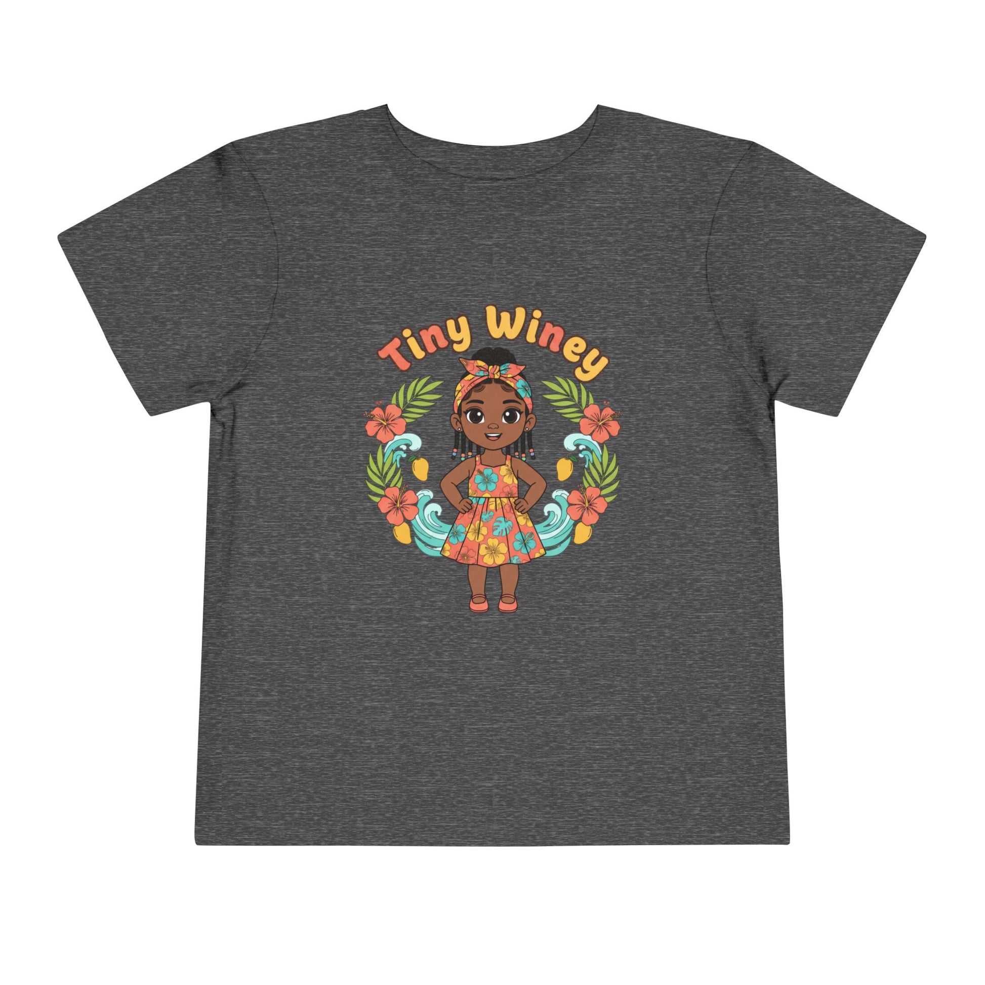 Gray t-shirt with a colorful graphic of a girl and 'Tiny Winey' text on a white background