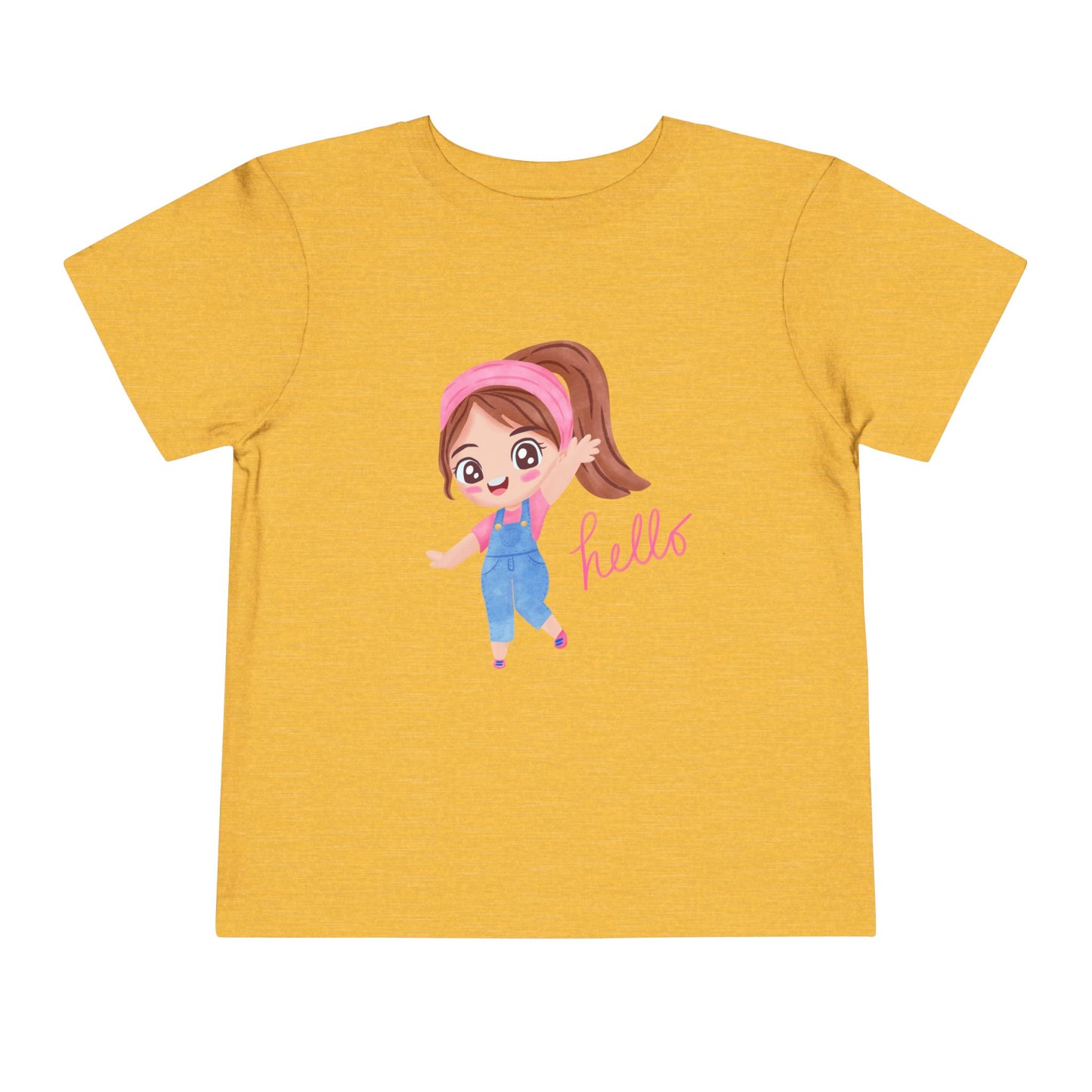 Yellow t-shirt with a cartoon character and 'hello' text on a white background