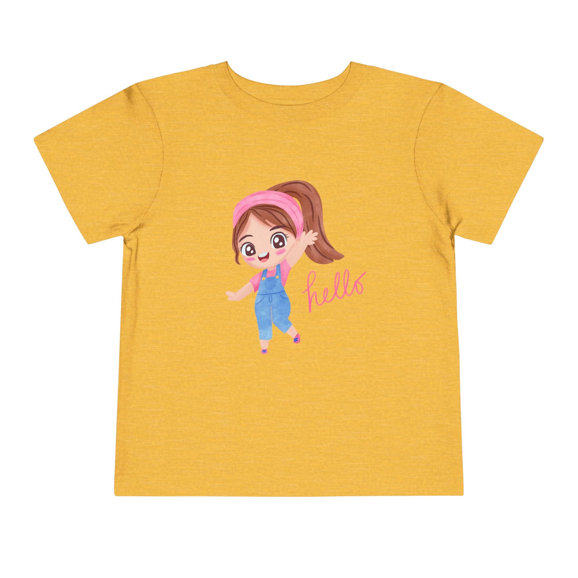 Yellow t-shirt with a cartoon character and 'hello' text on a white background