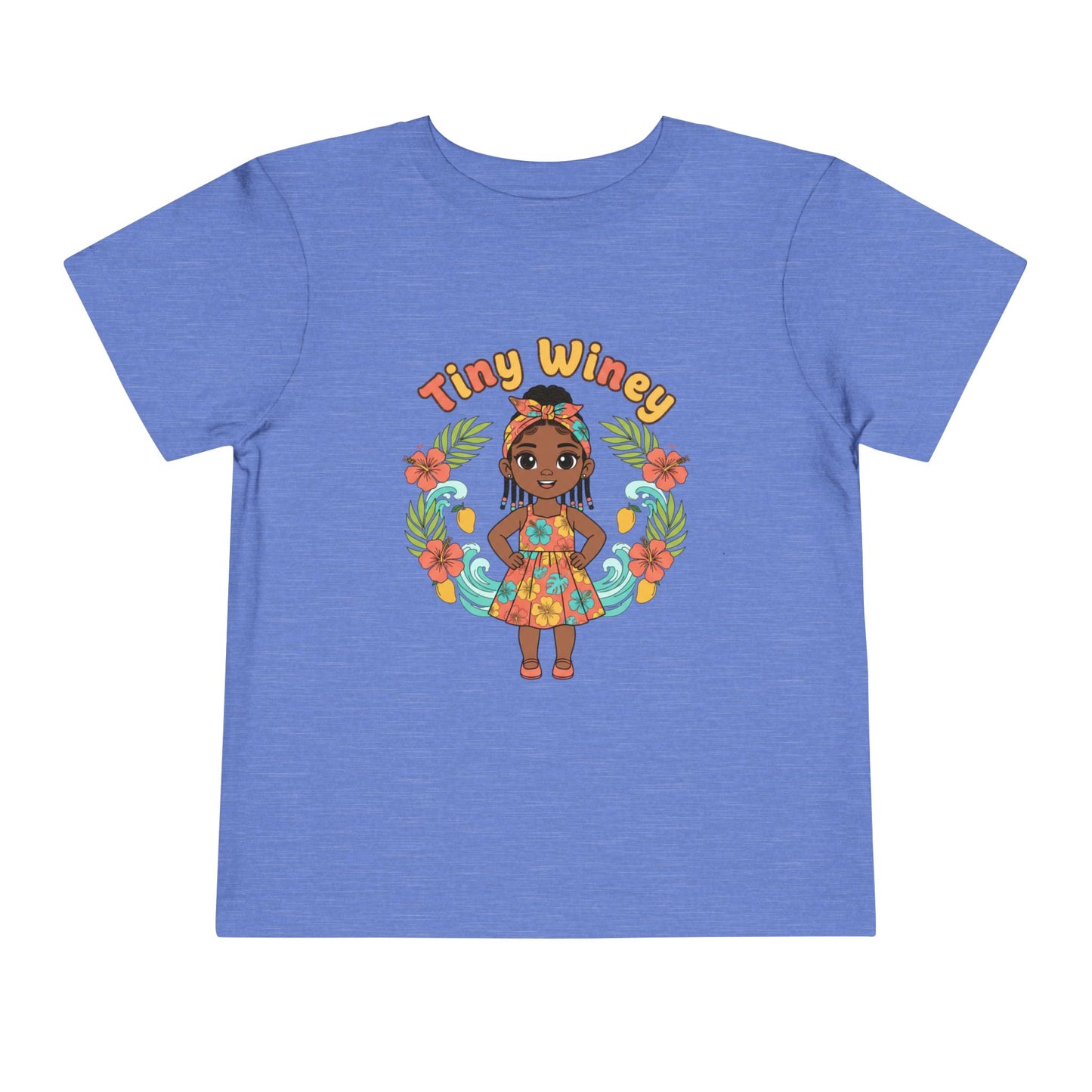 Blue t-shirt with a colorful graphic of a girl and 'Tiny Winey' text on a white background