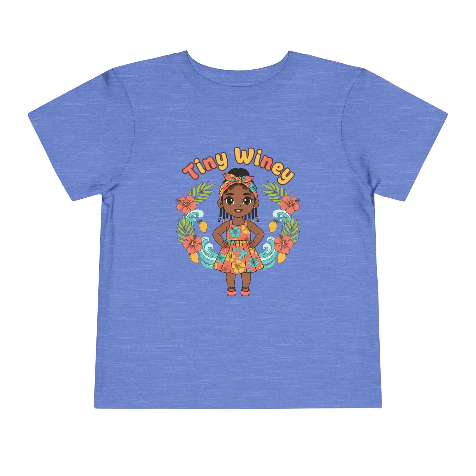 Blue t-shirt with a colorful graphic of a girl and 'Tiny Winey' text on a white background