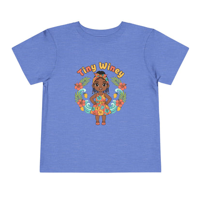 Blue t-shirt with a colorful graphic of a girl and 'Tiny Winey' text on a white background