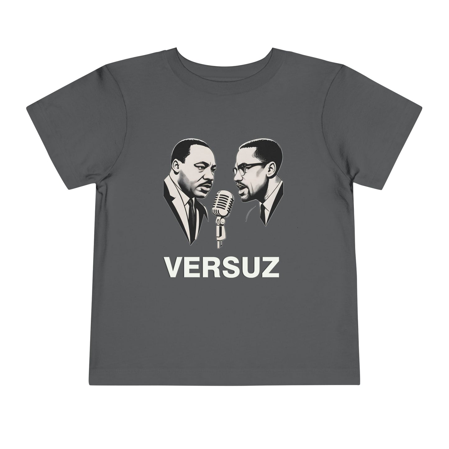 Gray t-shirt with graphic of two men and a microphone, labeled 'VERSUZ', on a white background.